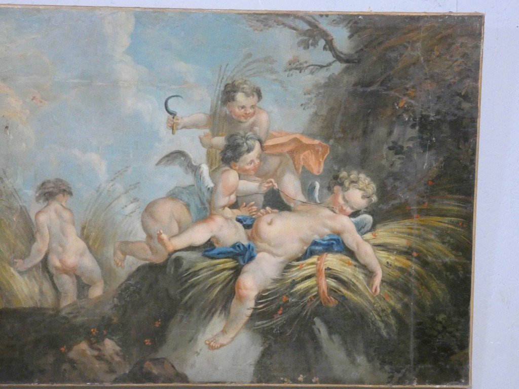 Les amours moissonneurs d'après Boucher, grand tableau huile sur toile, 1er d'une paire-photo-2