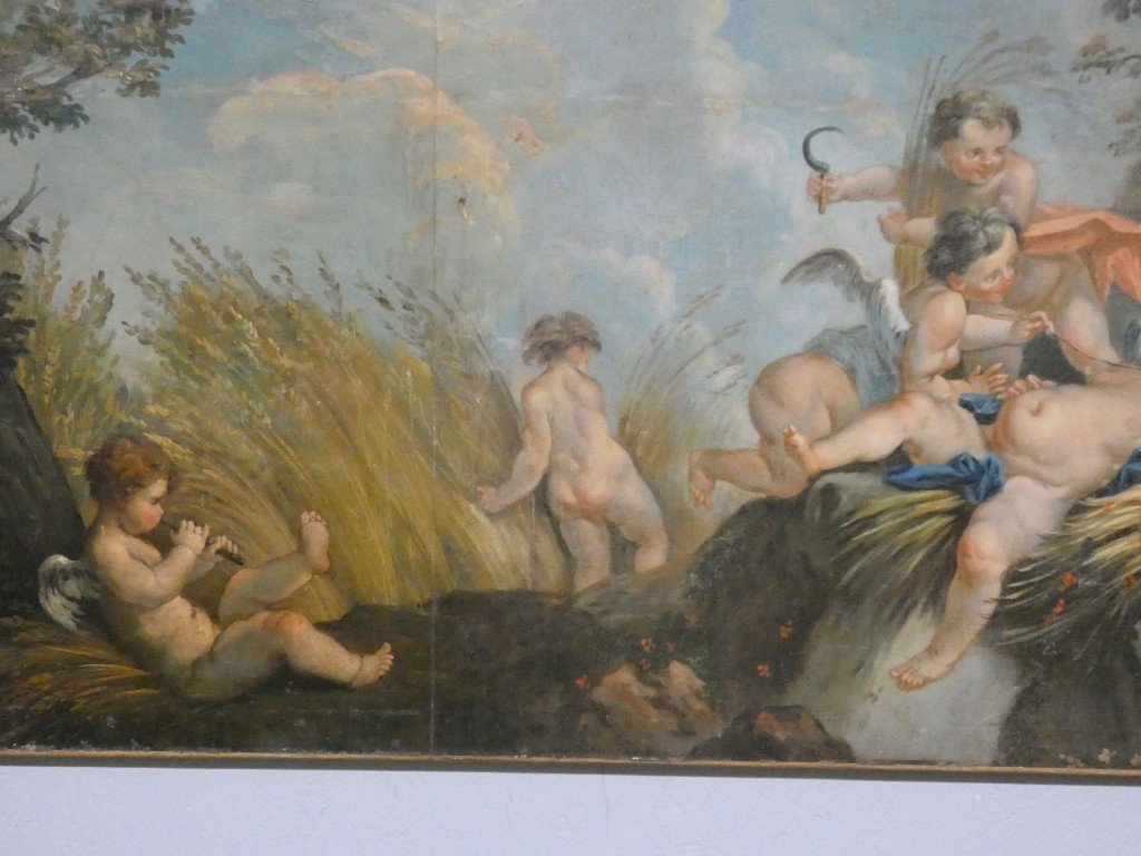 Les amours moissonneurs d'après Boucher, grand tableau huile sur toile, 1er d'une paire-photo-3