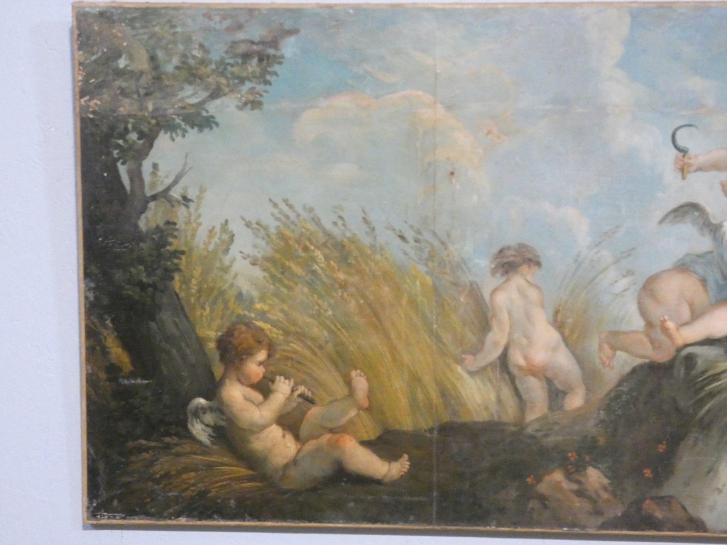 Les amours moissonneurs d'après Boucher, grand tableau huile sur toile, 1er d'une paire-photo-4