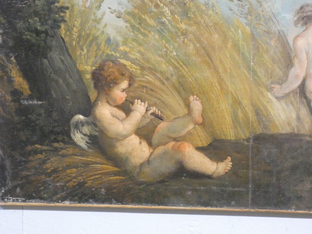 Les amours moissonneurs d'après Boucher, grand tableau huile sur toile, 1er d'une paire-photo-1