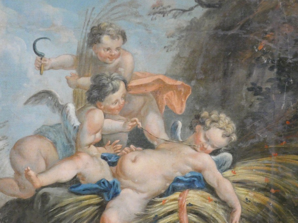 Les amours moissonneurs d'après Boucher, grand tableau huile sur toile, 1er d'une paire-photo-2