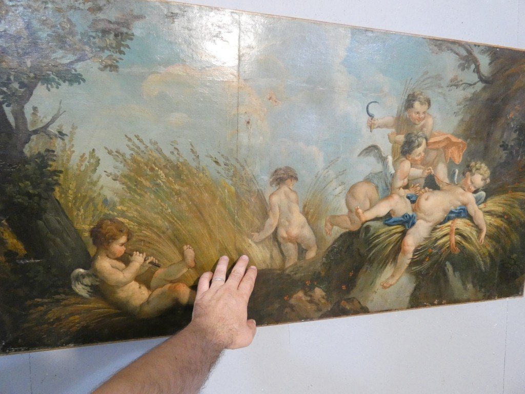 Les amours moissonneurs d'après Boucher, grand tableau huile sur toile, 1er d'une paire-photo-3
