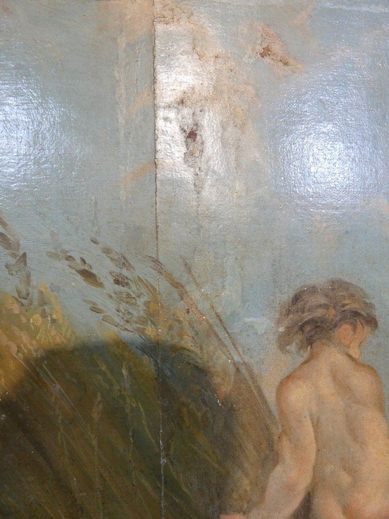 Les amours moissonneurs d'après Boucher, grand tableau huile sur toile, 1er d'une paire-photo-4