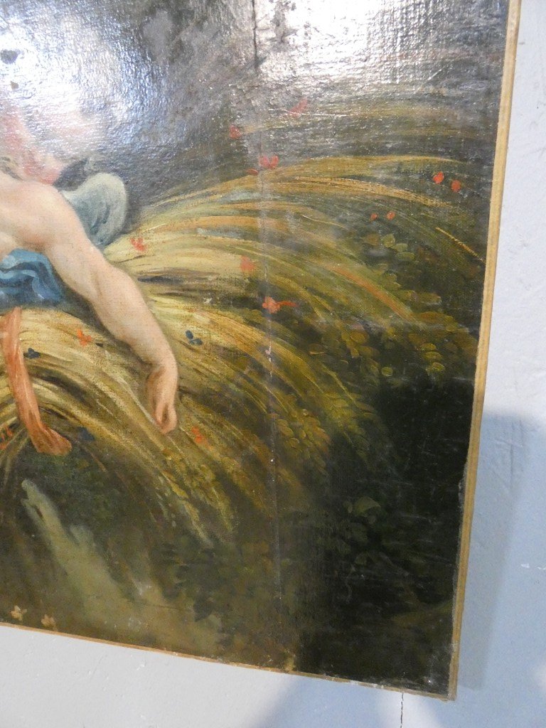 Les amours moissonneurs d'après Boucher, grand tableau huile sur toile, 1er d'une paire-photo-5