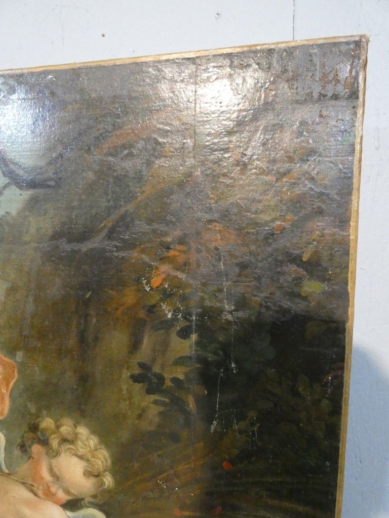 Les amours moissonneurs d'après Boucher, grand tableau huile sur toile, 1er d'une paire-photo-6
