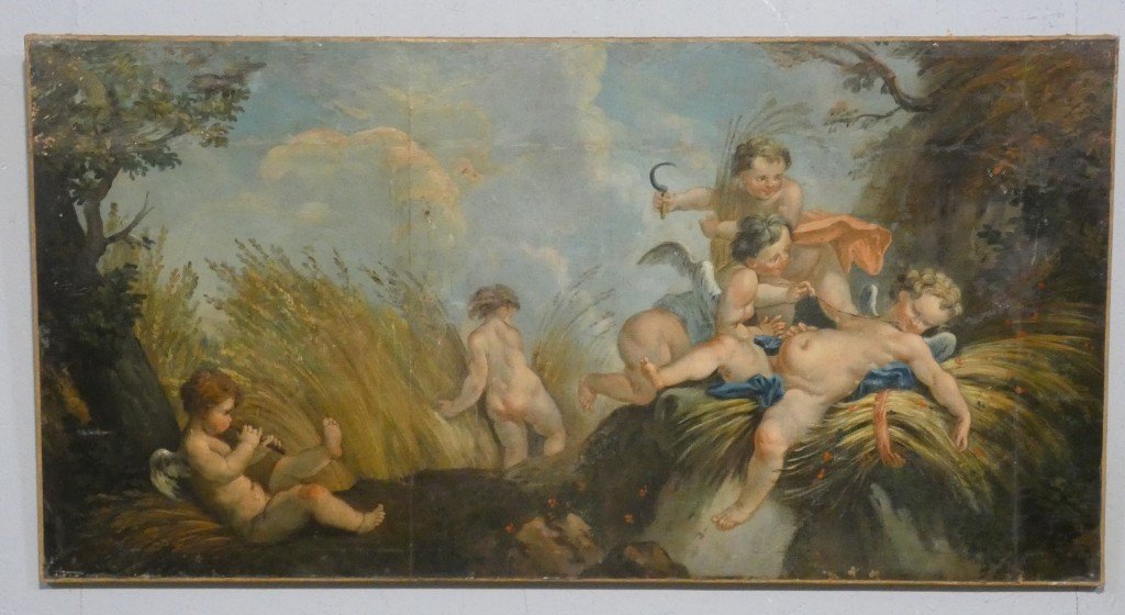 Les amours moissonneurs d'après Boucher, grand tableau huile sur toile, 1er d'une paire