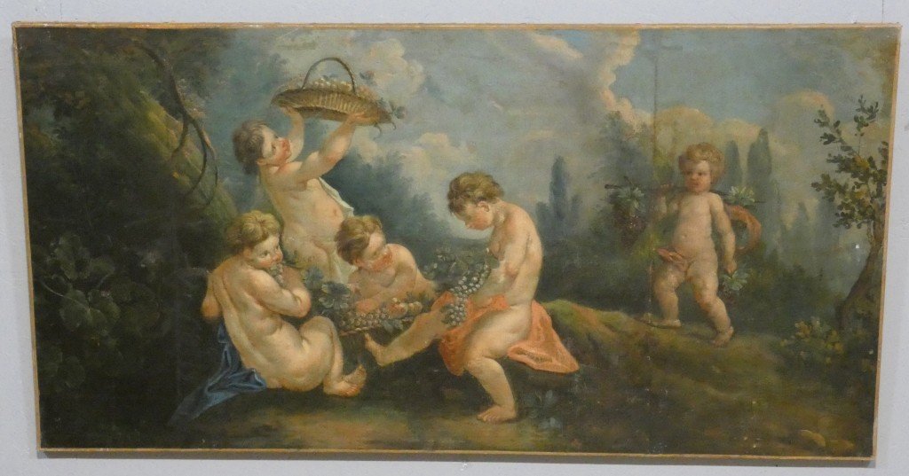 "the Grape-picking Lovers," After Boucher, Large Oil-on-canvas Painting, The Second Of A Pair