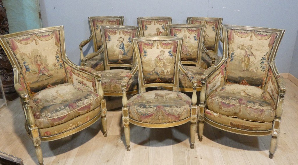 Suite de six fauteuils en bois laqué et doré tapisseries à scènes– Époque Directoire, vers 1795-photo-6