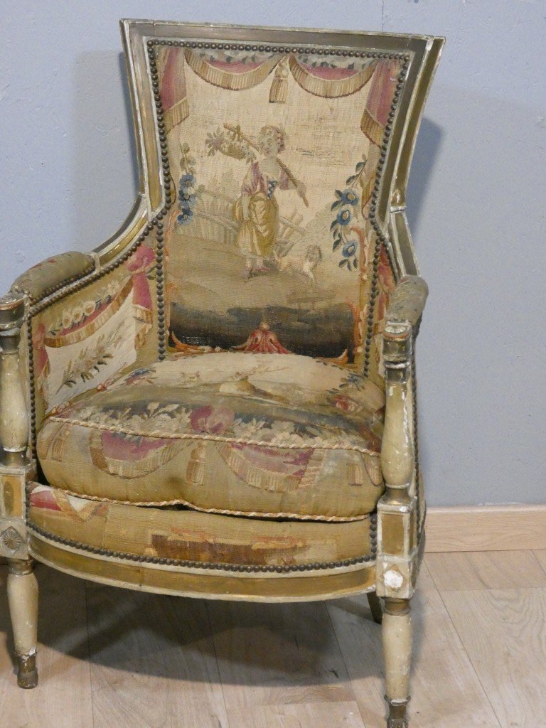 Paire de bergères en bois laqué et doré tapisseries  pastorales - Epoque Directoire, vers 1795-photo-3