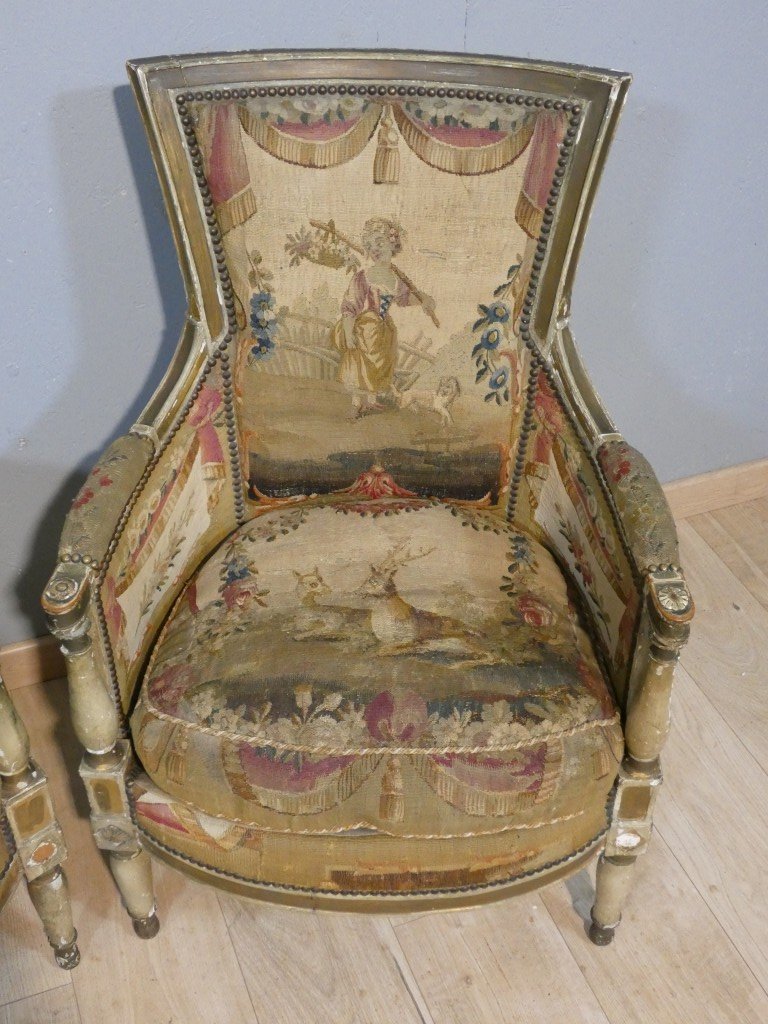 Paire de bergères en bois laqué et doré tapisseries  pastorales - Epoque Directoire, vers 1795-photo-4