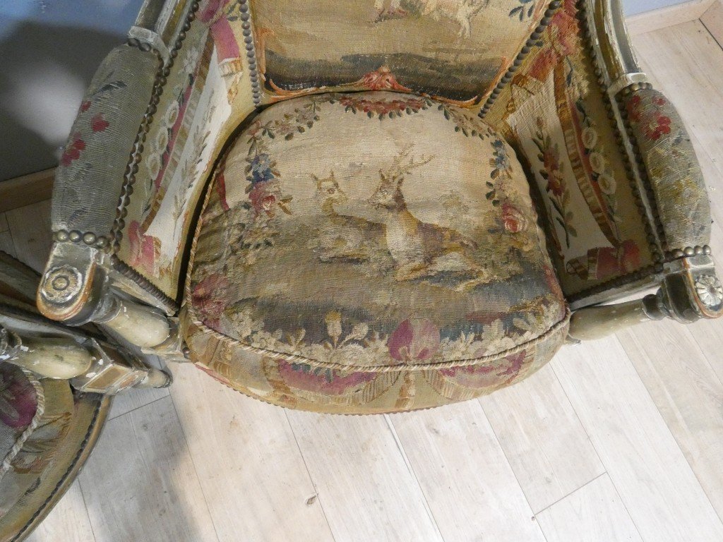 Paire de bergères en bois laqué et doré tapisseries  pastorales - Epoque Directoire, vers 1795-photo-2