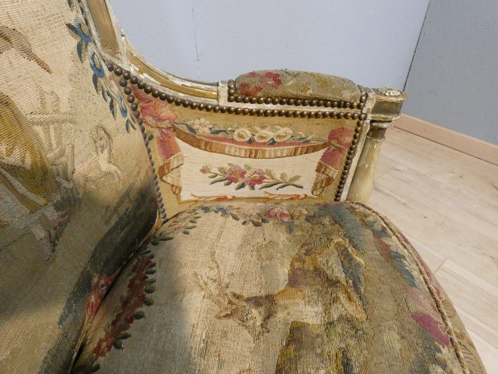 Paire de bergères en bois laqué et doré tapisseries  pastorales - Epoque Directoire, vers 1795-photo-3