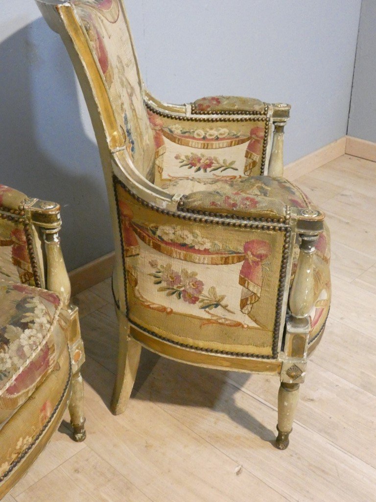 Paire de bergères en bois laqué et doré tapisseries  pastorales - Epoque Directoire, vers 1795-photo-4