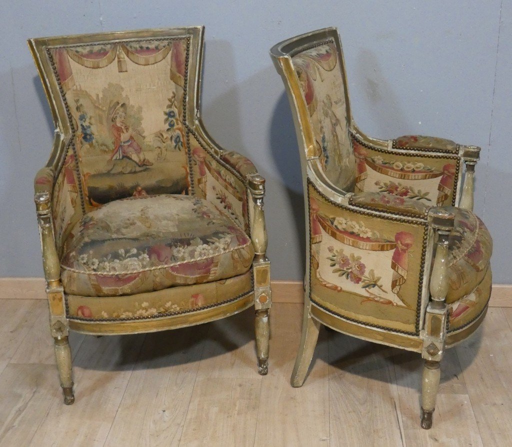 Paire de bergères en bois laqué et doré tapisseries  pastorales - Epoque Directoire, vers 1795-photo-5