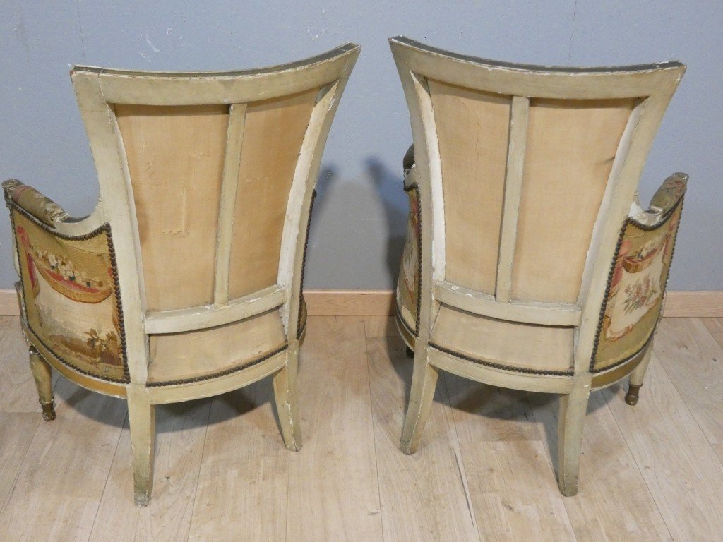 Paire de bergères en bois laqué et doré tapisseries  pastorales - Epoque Directoire, vers 1795-photo-6