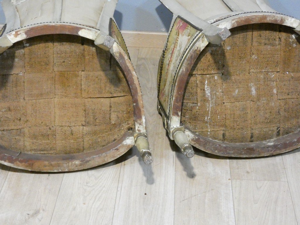 Paire de bergères en bois laqué et doré tapisseries  pastorales - Epoque Directoire, vers 1795-photo-7