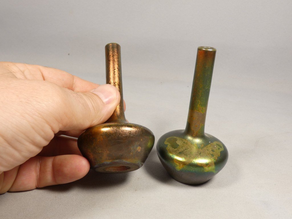 Paire de vases miniatures en grès émaillé métallisation, signés ASB-photo-3