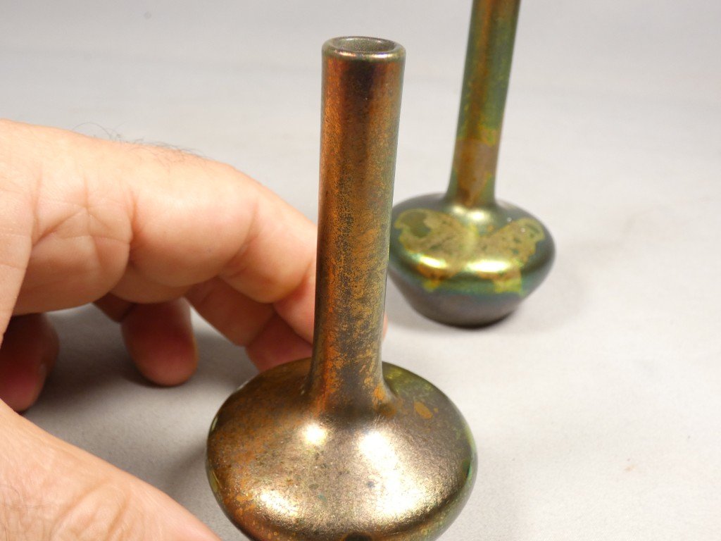 Paire de vases miniatures en grès émaillé métallisation, signés ASB-photo-2
