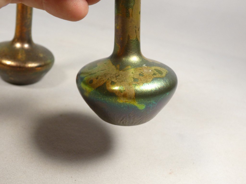Paire de vases miniatures en grès émaillé métallisation, signés ASB-photo-4