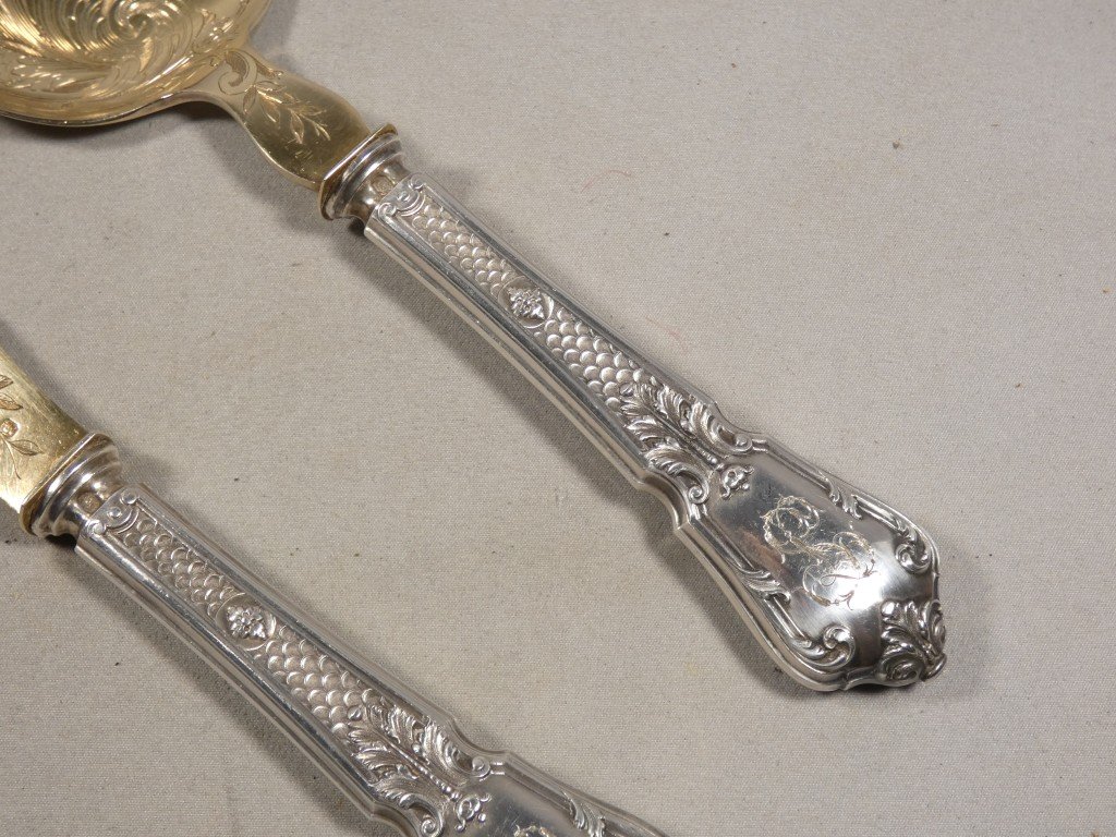 Vermeil And Solid Silver Ice Cream Or Cake Serving Set, Napoleon III, 19th Century -photo-2