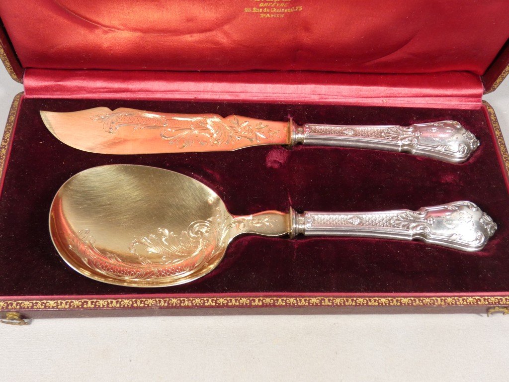 Vermeil And Solid Silver Ice Cream Or Cake Serving Set, Napoleon III, 19th Century -photo-3