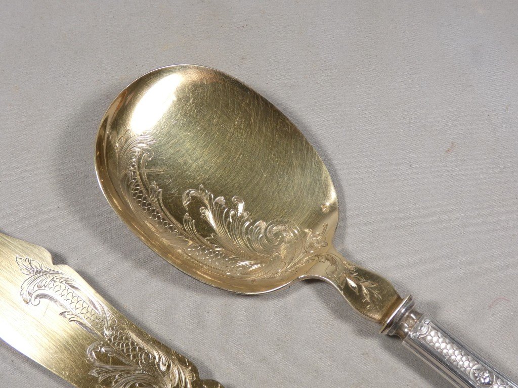 Vermeil And Solid Silver Ice Cream Or Cake Serving Set, Napoleon III, 19th Century -photo-1