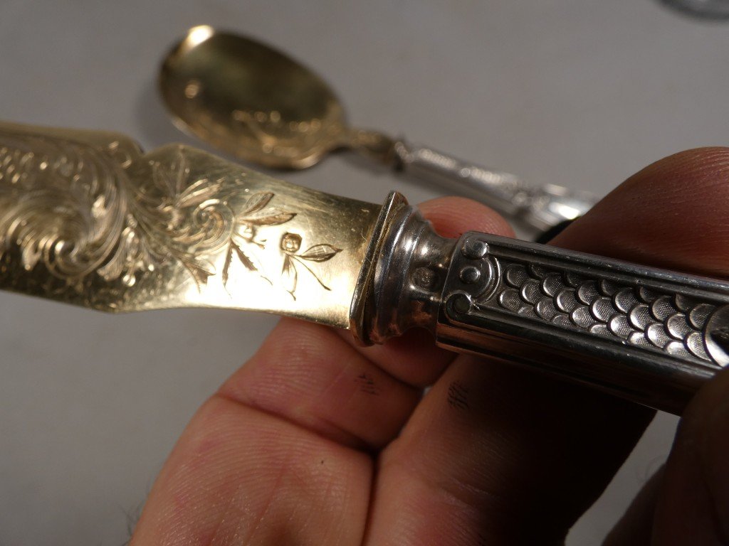 Vermeil And Solid Silver Ice Cream Or Cake Serving Set, Napoleon III, 19th Century -photo-2