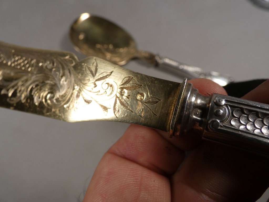 Vermeil And Solid Silver Ice Cream Or Cake Serving Set, Napoleon III, 19th Century -photo-5