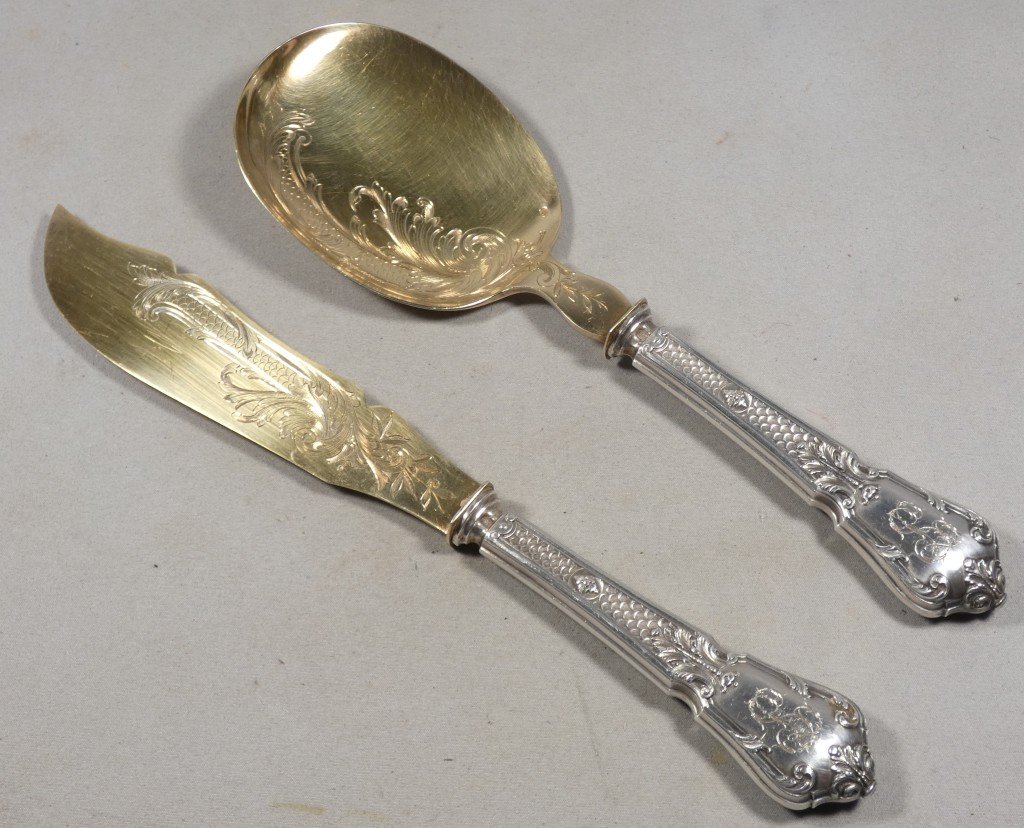 Vermeil And Solid Silver Ice Cream Or Cake Serving Set, Napoleon III, 19th Century 