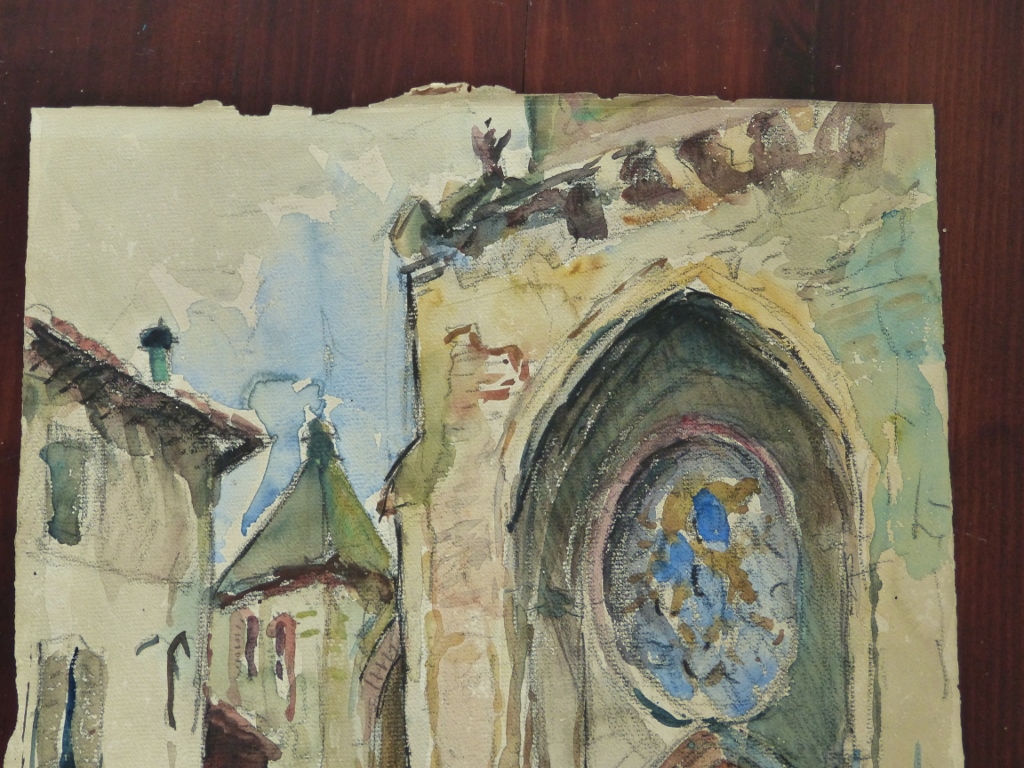 Church Of St. Urcisse In Cahors, Watercolor Signed Thuillier-photo-2