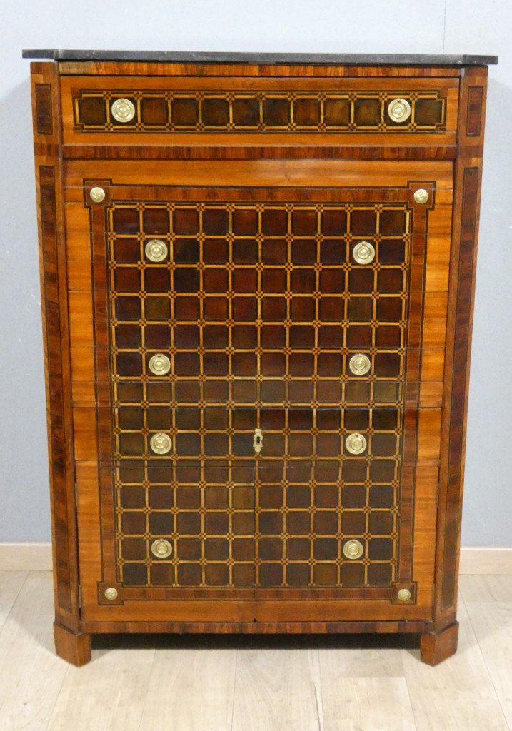 Rare Secretary Desk With A Retractable Curtain And Latticework Marquetry — Louis XVI Period, Late 18th Century-photo-2