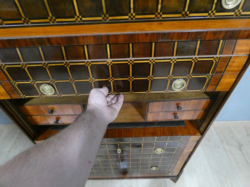 Rare Secretary Desk With A Retractable Curtain And Latticework Marquetry — Louis XVI Period, Late 18th Century-photo-3