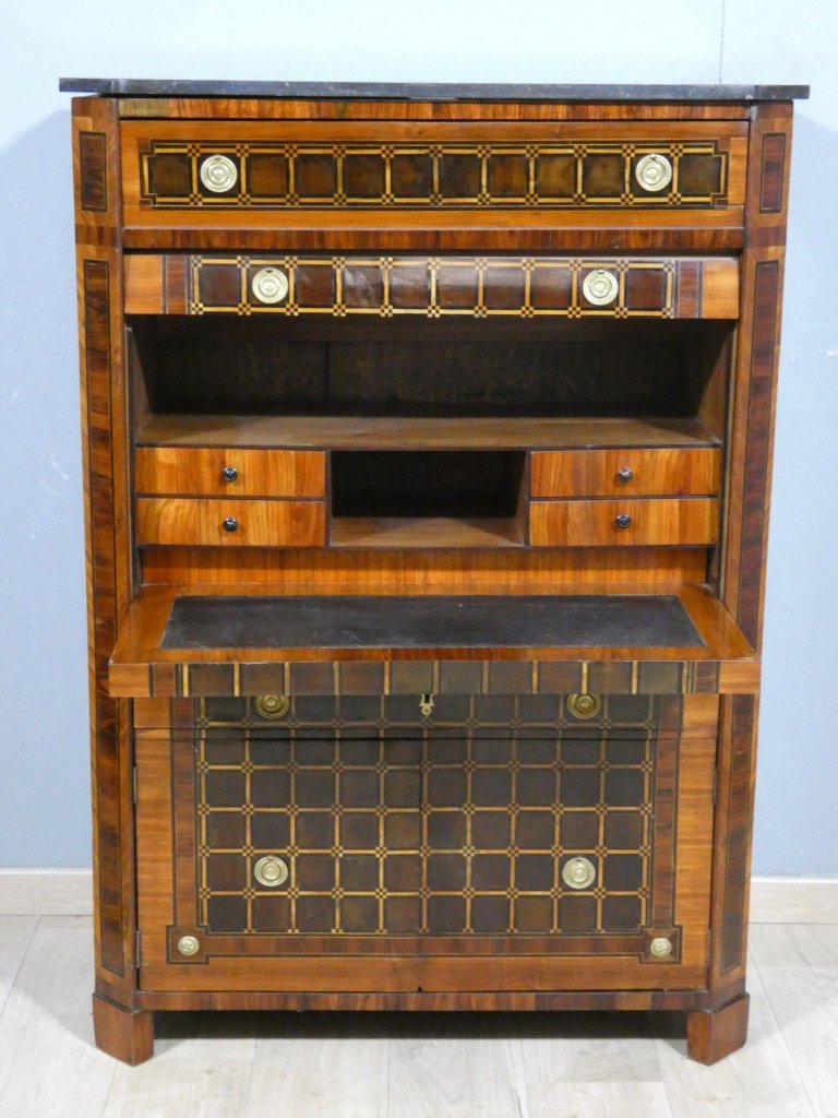 Rare Secretary Desk With A Retractable Curtain And Latticework Marquetry — Louis XVI Period, Late 18th Century-photo-2