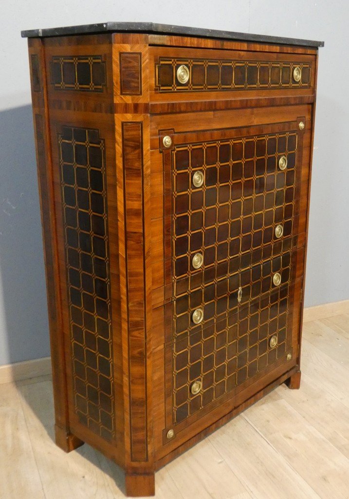 Rare Secretary Desk With A Retractable Curtain And Latticework Marquetry — Louis XVI Period, Late 18th Century