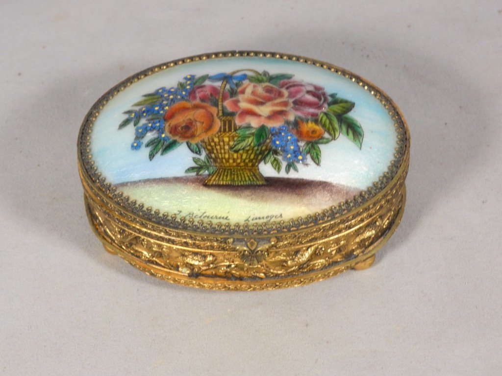 Email From Limoges By Bétourné, Brass And Enamel Jewelry Box With Floral Decoration-photo-2