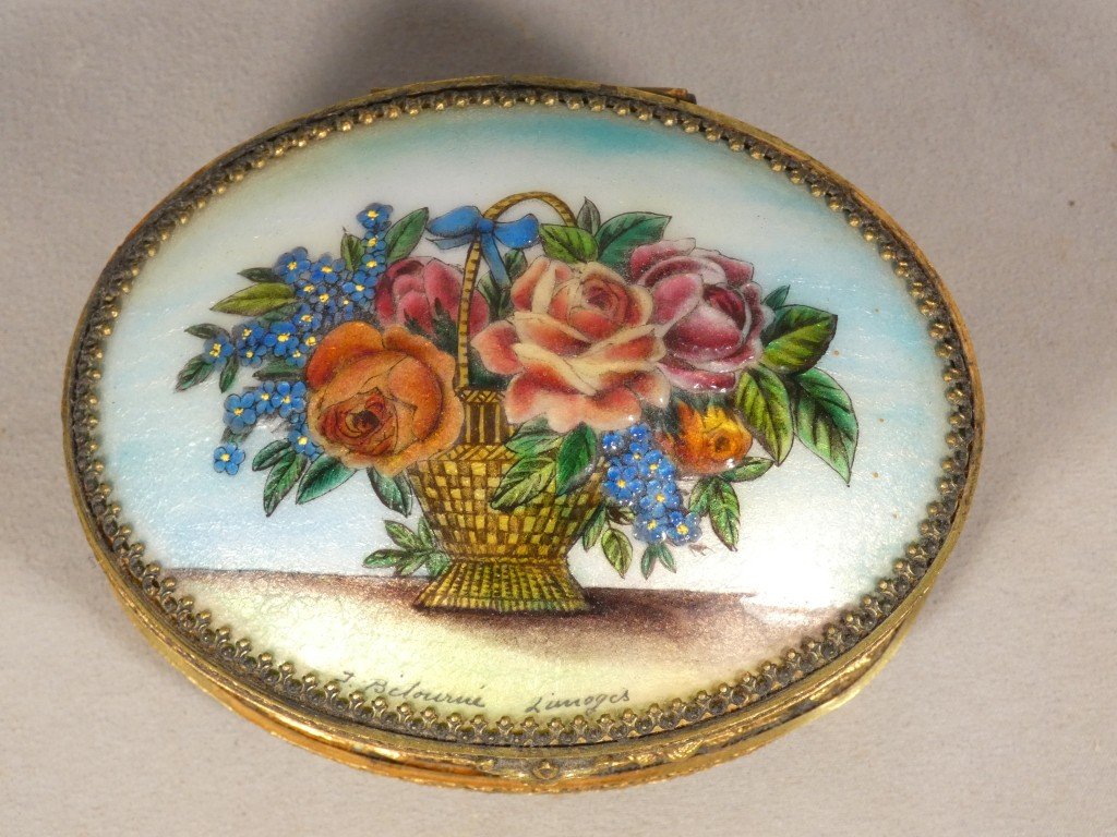 Email From Limoges By Bétourné, Brass And Enamel Jewelry Box With Floral Decoration-photo-4
