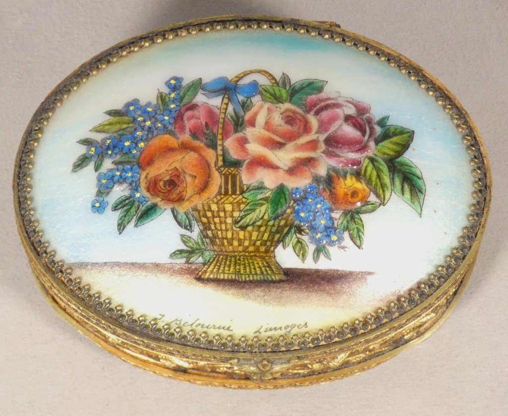 Email From Limoges By Bétourné, Brass And Enamel Jewelry Box With Floral Decoration