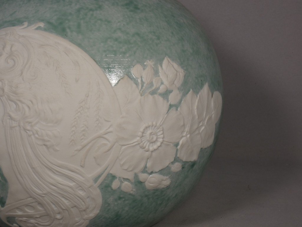 Art Nouveau, Rare Vase Pâte Sur Pâte Visage De Femme En Biscuit Sur Porcelaine, Limoges 1900-photo-4