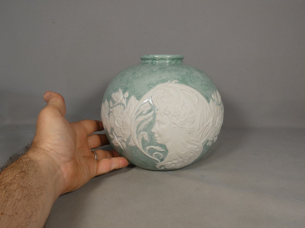 Art Nouveau, Rare Vase Pâte Sur Pâte Visage De Femme En Biscuit Sur Porcelaine, Limoges 1900-photo-8