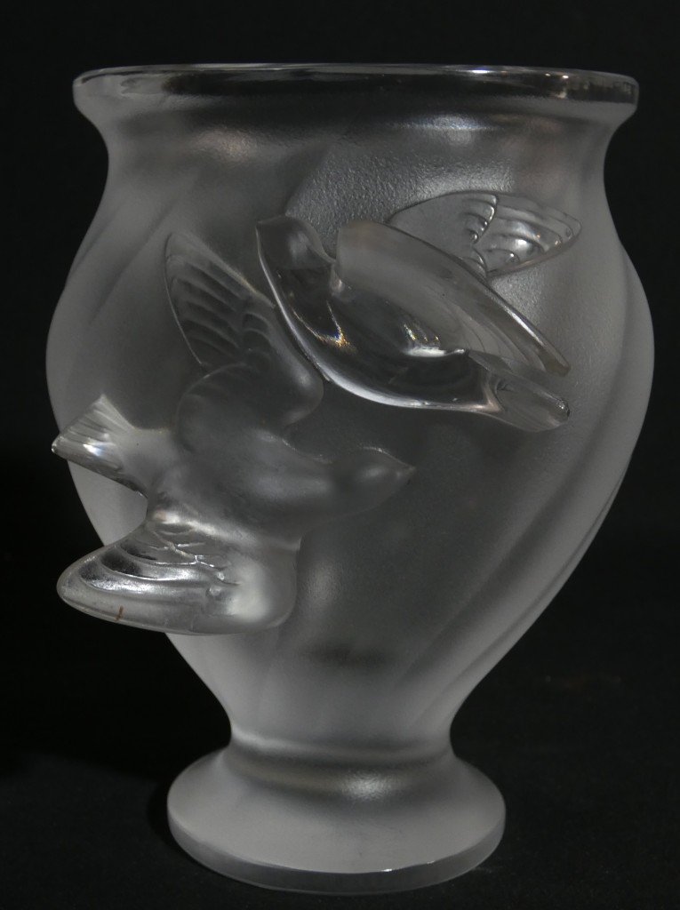 Lalique France, vase Rosine aux deux colombes en cristal, époque 1960-photo-2