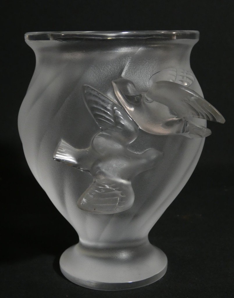 Lalique France, vase Rosine aux deux colombes en cristal, époque 1960-photo-3