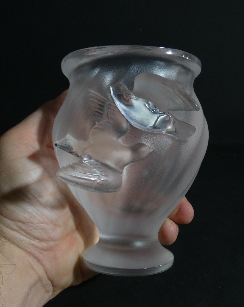 Lalique France, vase Rosine aux deux colombes en cristal, époque 1960-photo-3