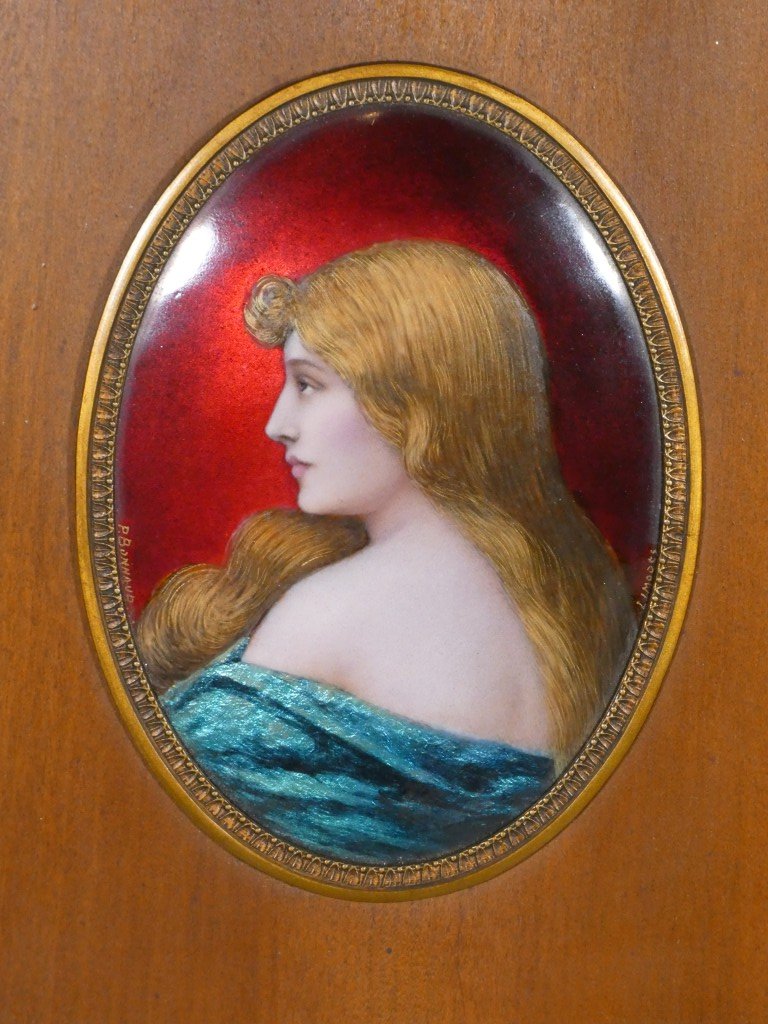 Paul Bonnaud (1873-1953) Limoges, portrait en profil d'une jeune femme, émail sur cuivre-photo-3