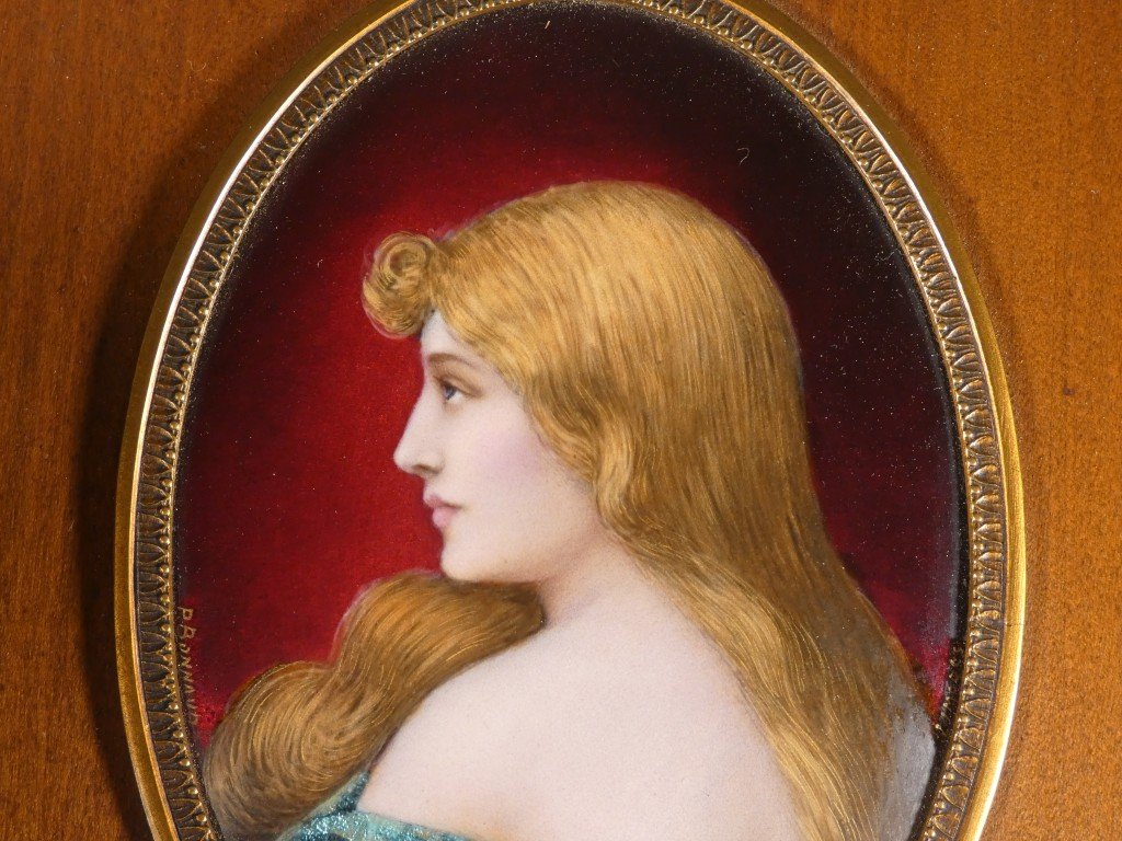 Paul Bonnaud (1873-1953) Limoges, portrait en profil d'une jeune femme, émail sur cuivre-photo-4