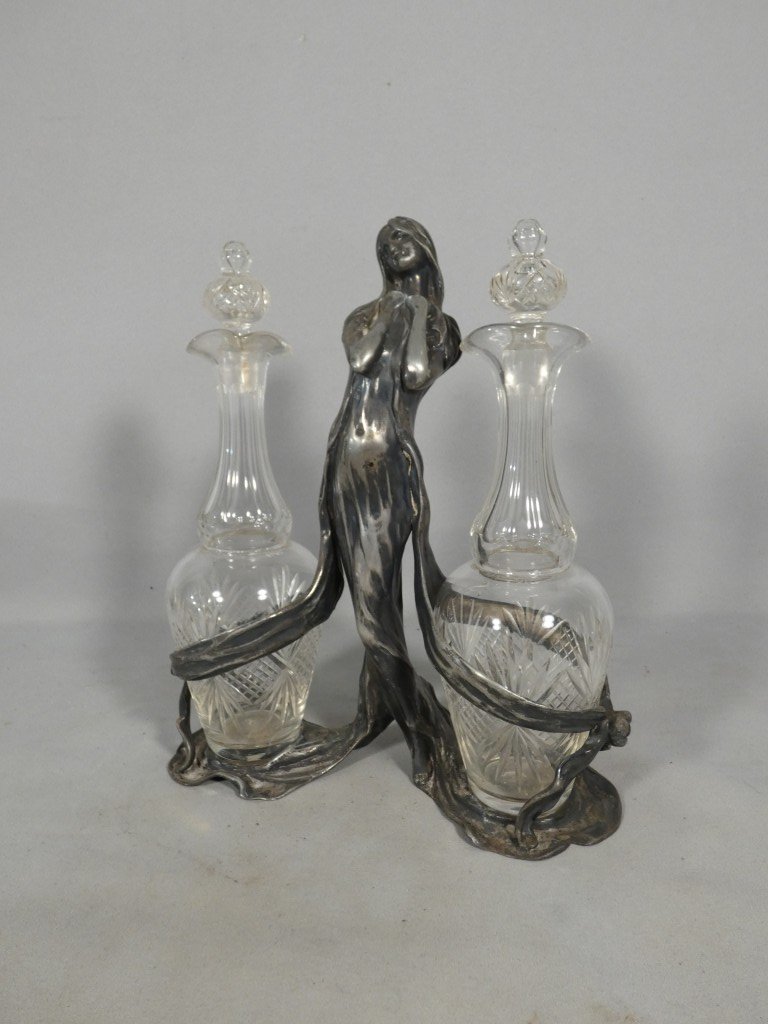 Art Nouveau - Silver-plated Metal Oil And Vinegar Set, Featuring A Woman, Circa 1900-photo-2