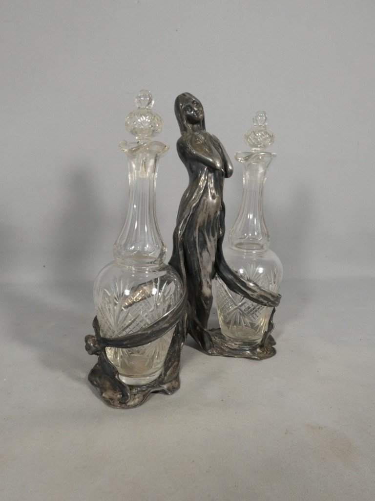 Art Nouveau - Silver-plated Metal Oil And Vinegar Set, Featuring A Woman, Circa 1900-photo-3