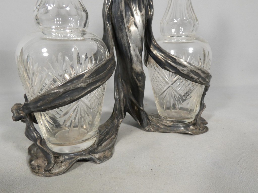 Art Nouveau - Silver-plated Metal Oil And Vinegar Set, Featuring A Woman, Circa 1900-photo-2