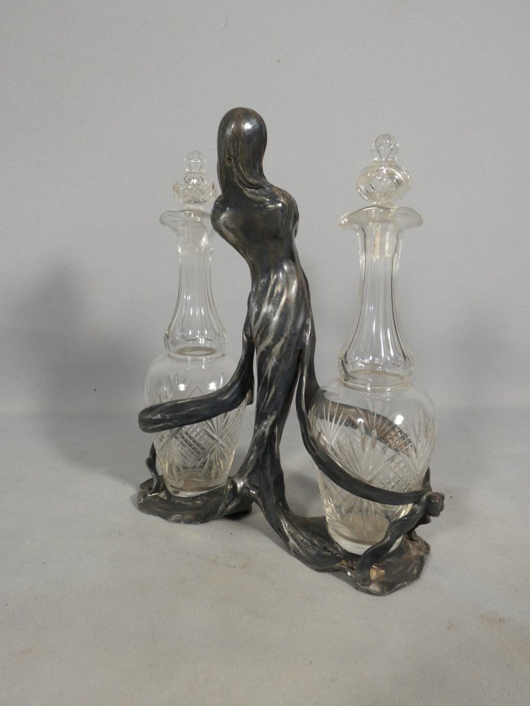Art Nouveau - Silver-plated Metal Oil And Vinegar Set, Featuring A Woman, Circa 1900-photo-4
