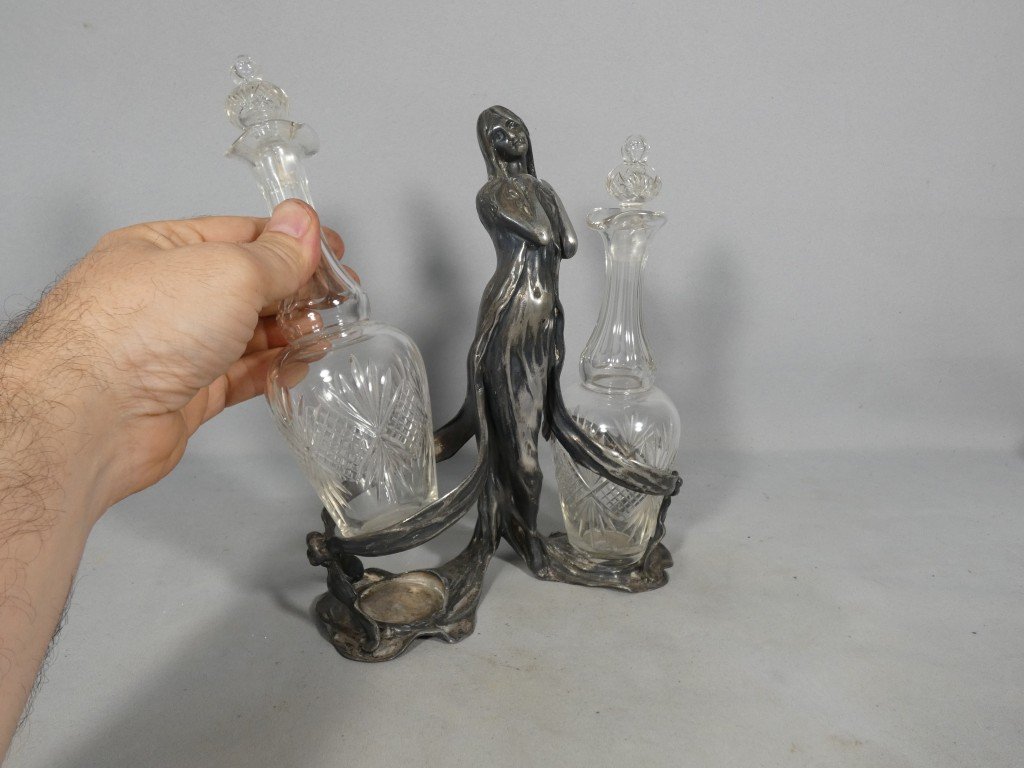 Art Nouveau - Silver-plated Metal Oil And Vinegar Set, Featuring A Woman, Circa 1900-photo-5