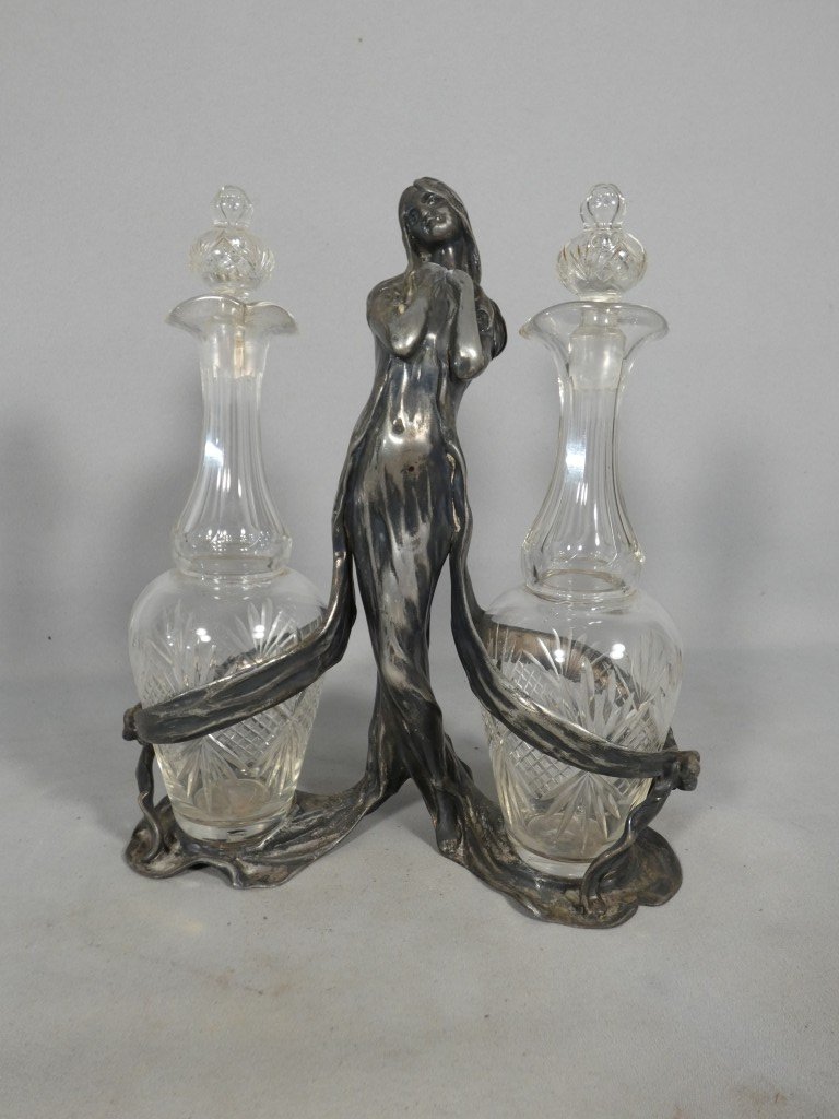 Art Nouveau - Silver-plated Metal Oil And Vinegar Set, Featuring A Woman, Circa 1900